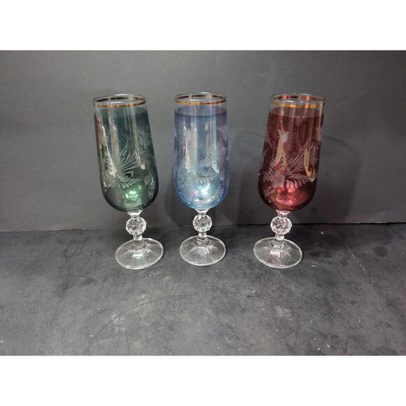 Bohemia Crystal Fluted Champagne Glass Goblet Set, Iridescent‎ Floral Pattern - Picture 3 of 9